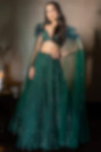 Emerald Green Net Hand Embroidered Lehenga Set by Isa by Dolly Wahal