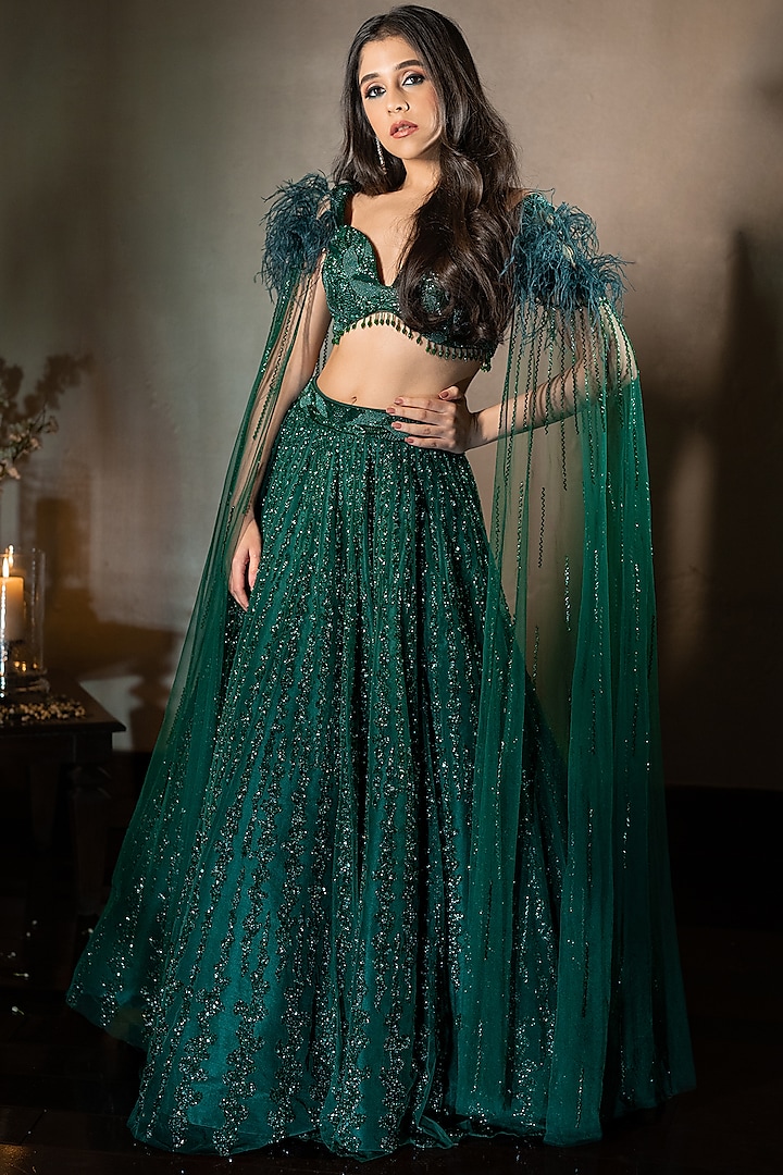Emerald Green Net Hand Embroidered Lehenga Set by Isa by Dolly Wahal