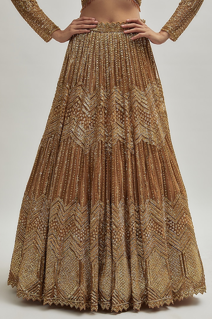 Dark Gold Net Hand Embroidered Bridal Lehenga Set by Isa by Dolly Wahal at Pernia's Pop Up Shop