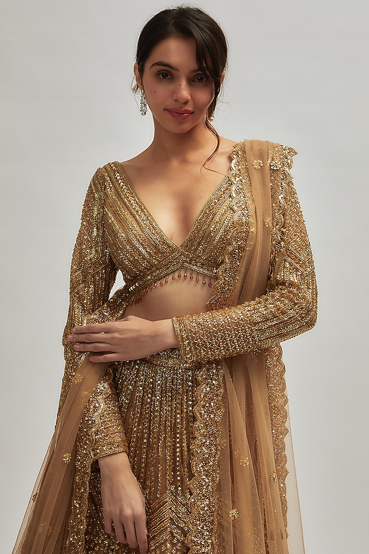 Dark Gold Net Hand Embroidered Bridal Lehenga Set by Isa by Dolly Wahal at Pernia's Pop Up Shop