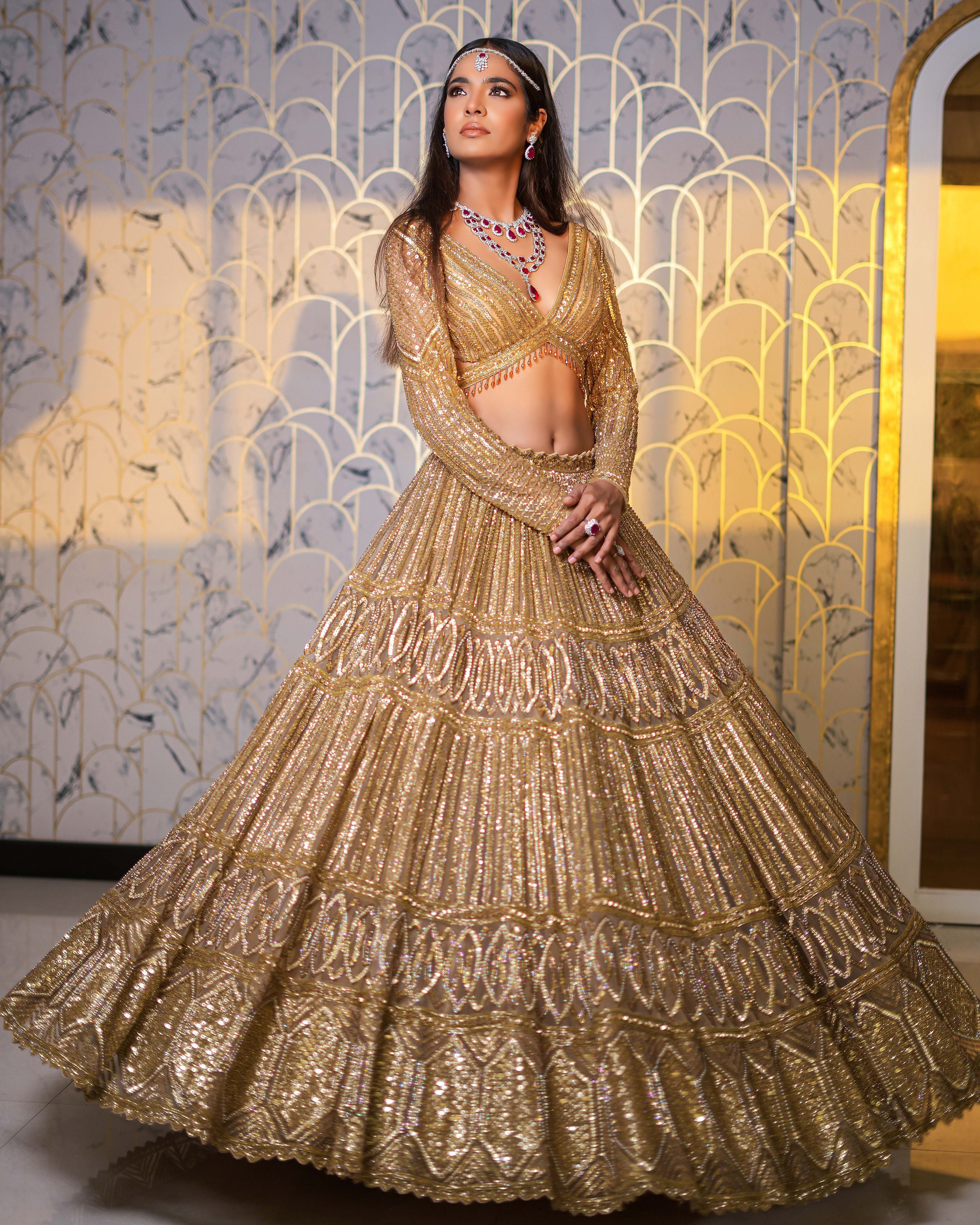 Dark Gold Net Hand Embroidered Lehenga Set by Isa by Dolly Wahal