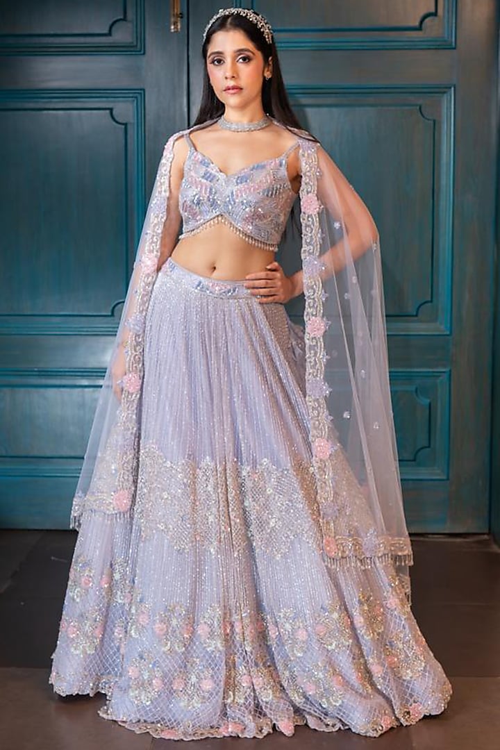 Periwinkle Net Embroidered Lehenga Set by Isa by Dolly Wahal