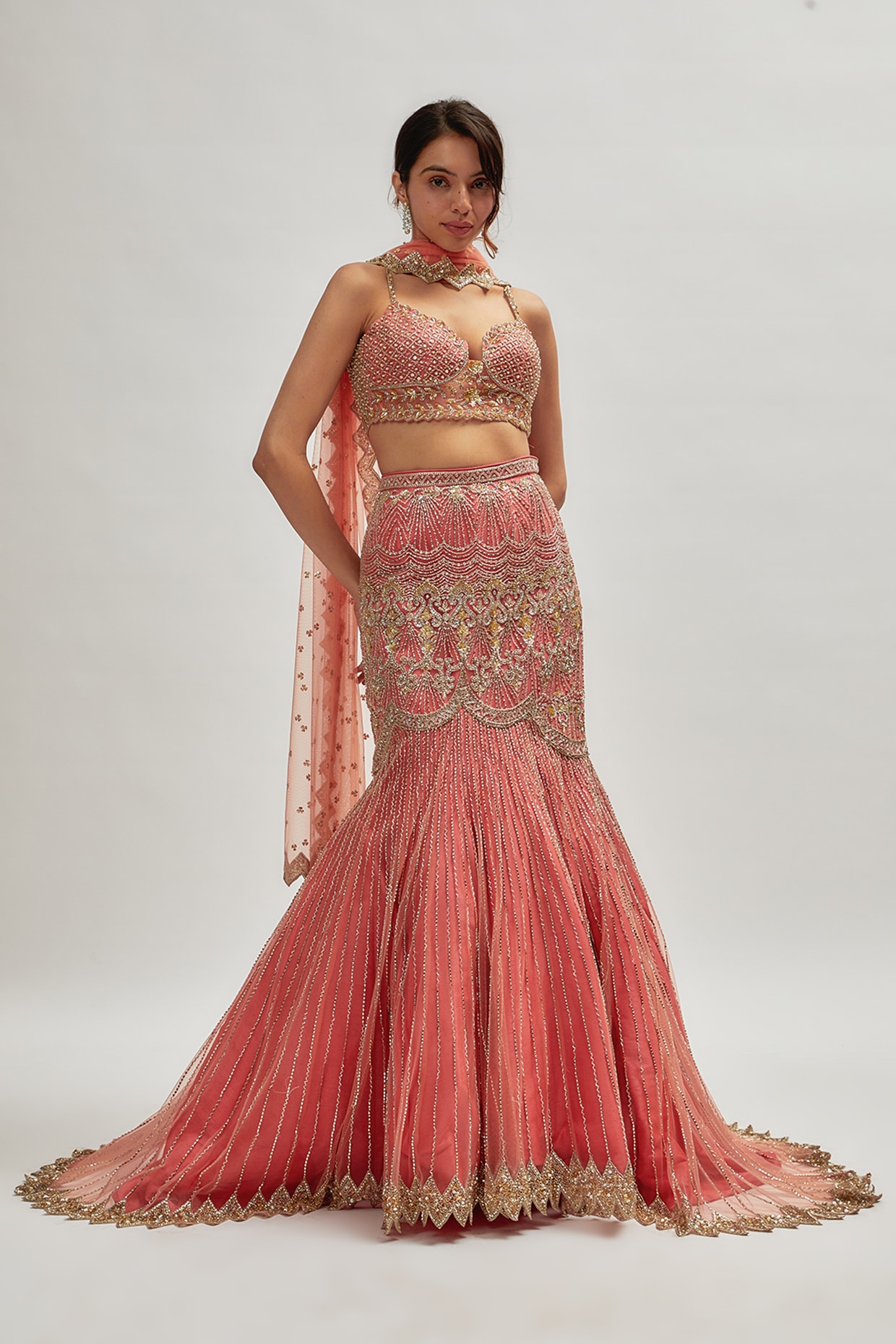 Nude Fish Cut Embroidered Lehenga Set Design by Seema Gujral at Pernia's  Pop Up Shop 2024