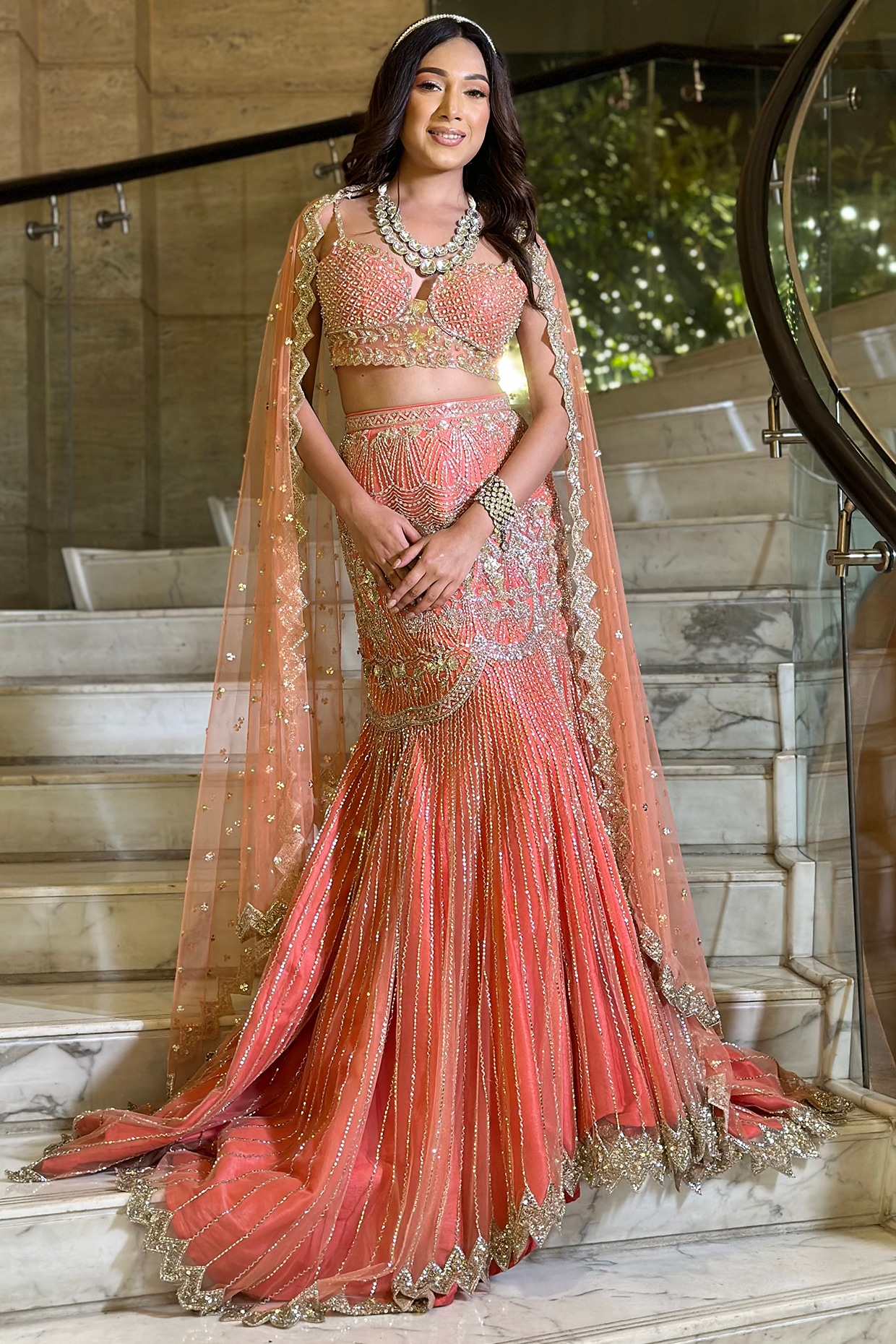 Buy Peach Net Embroidered Floral Round Fish Cut Lehenga Set For Women by  Seema Gujral Online at Aza Fashions.