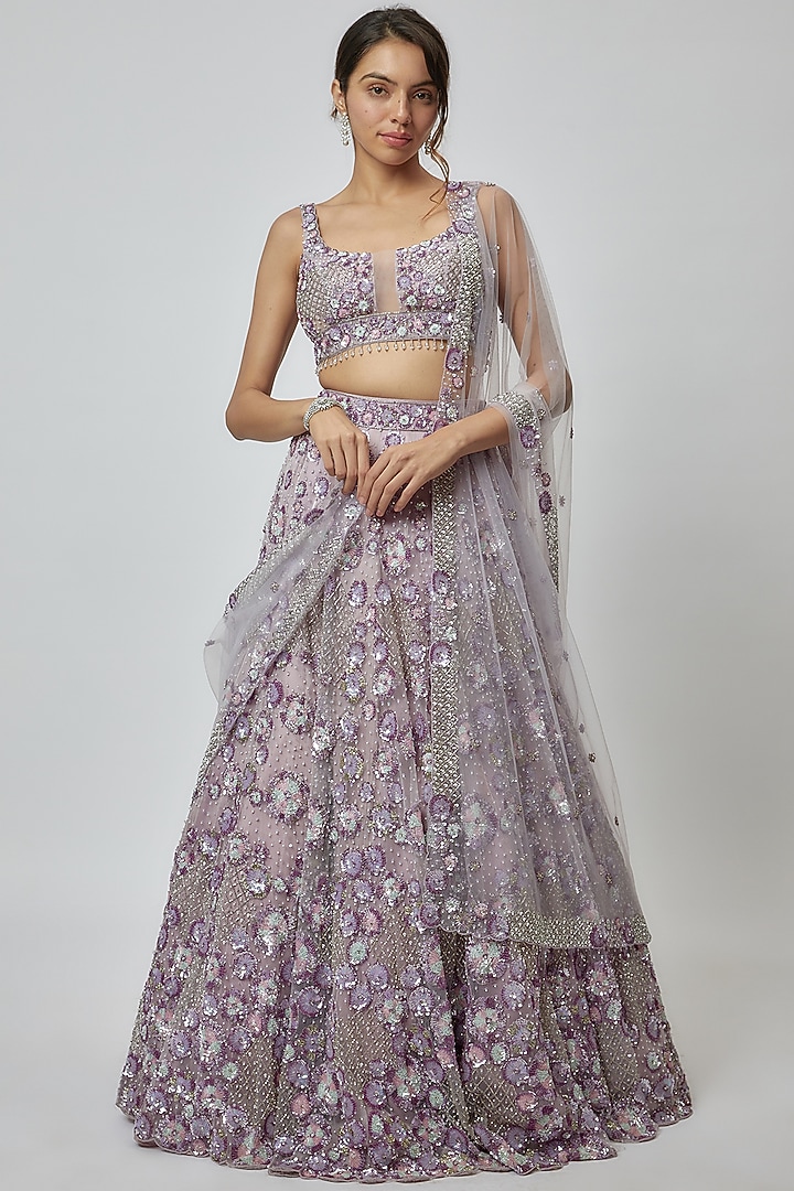 Lilac Net Embroidered Bridal Lehenga Set by Isa by Dolly Wahal at Pernia's Pop Up Shop