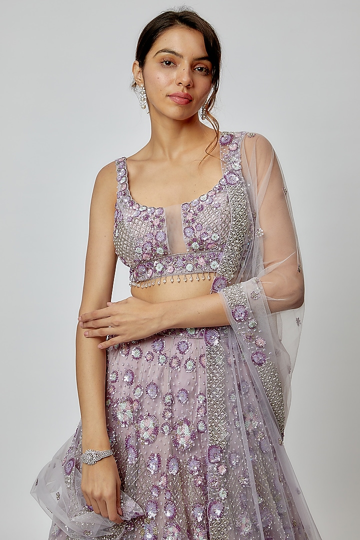 Lilac Net Embroidered Bridal Lehenga Set by Isa by Dolly Wahal at Pernia's Pop Up Shop