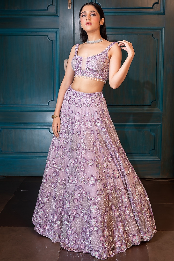 Lilac Net Embroidered Lehenga Set by Isa by Dolly Wahal
