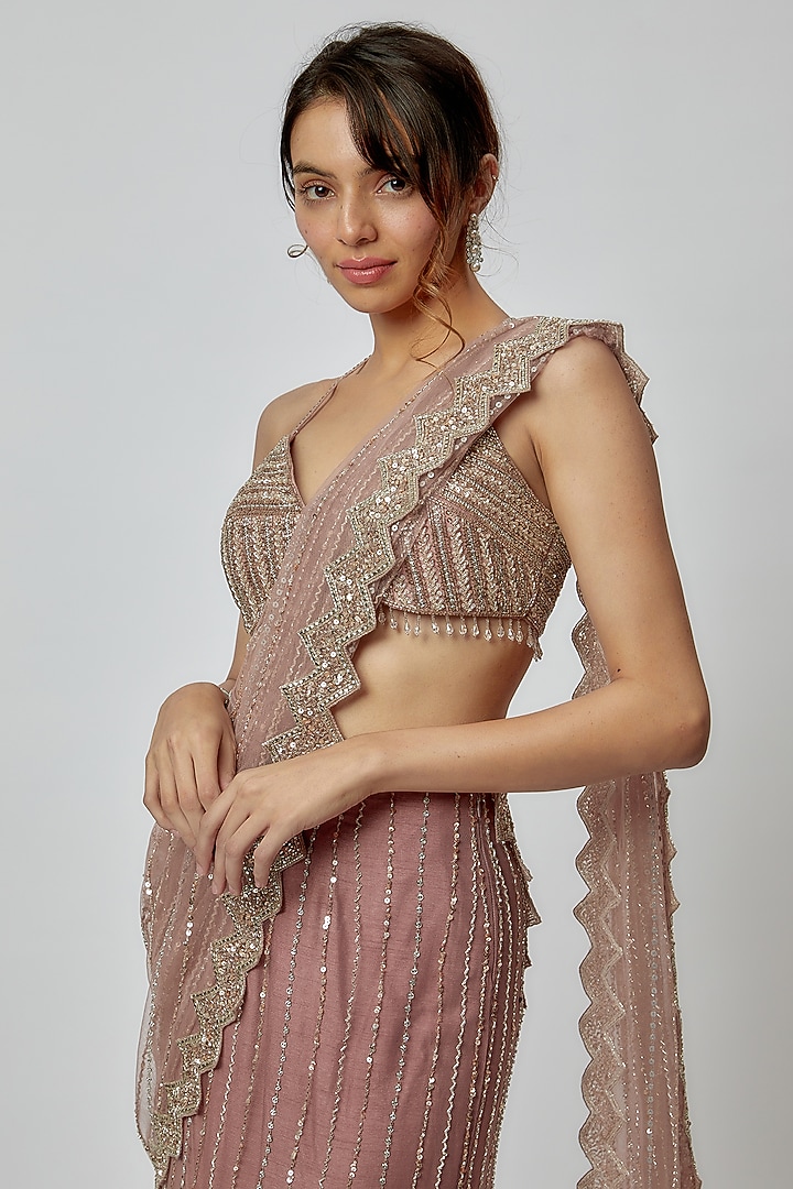 Champagne Pink Net Embroidered Pre-Draped Reception Saree Set by Isa by Dolly Wahal at Pernia's Pop Up Shop