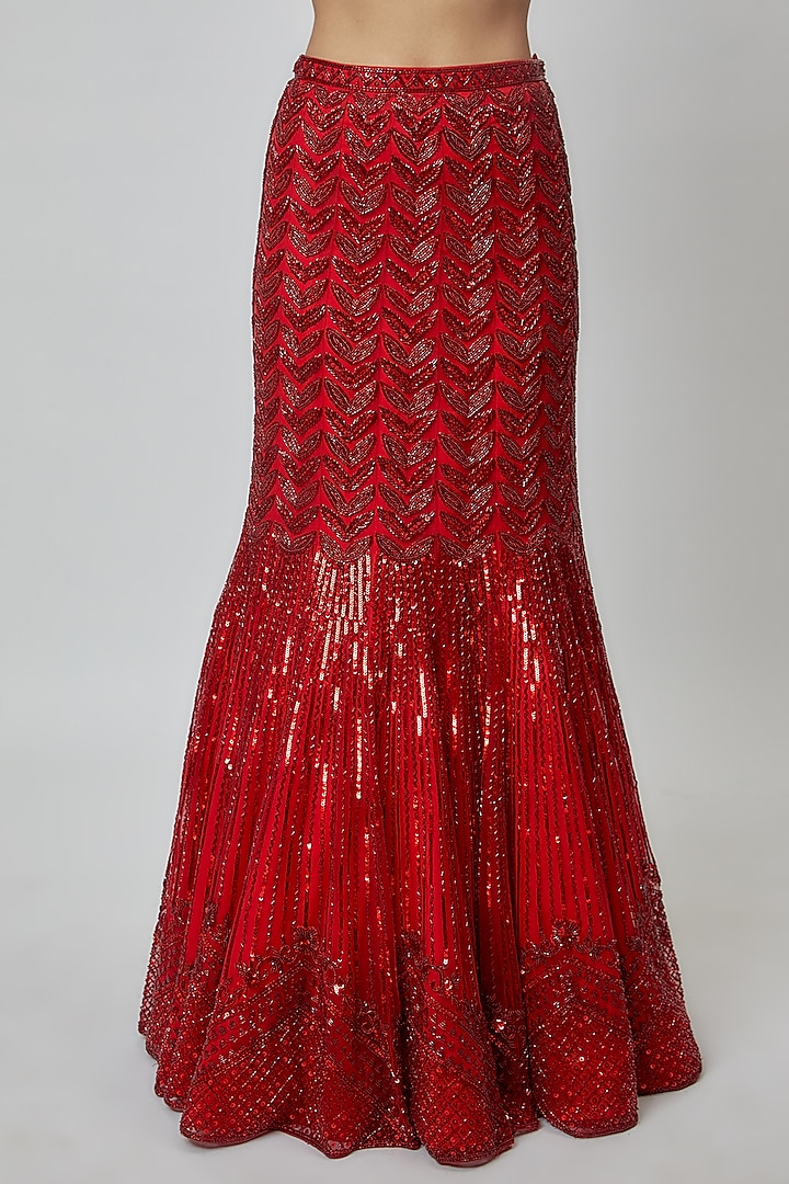 Red Net Embroidered Fish Cut Bridal Lehenga Set by Isa by Dolly Wahal at Pernia's Pop Up Shop