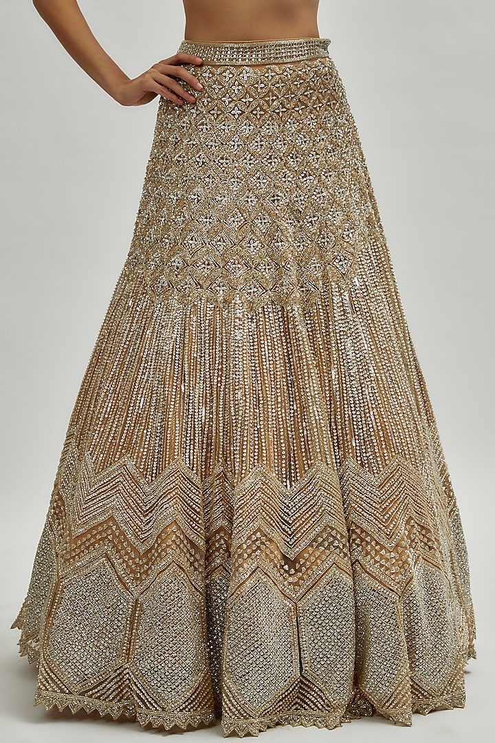 Chrome Gold Net Embroidered Bridal Lehenga Set by Isa by Dolly Wahal at Pernia's Pop Up Shop