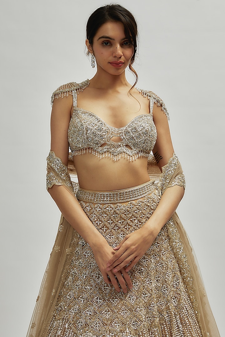 Chrome Gold Net Embroidered Bridal Lehenga Set by Isa by Dolly Wahal at Pernia's Pop Up Shop