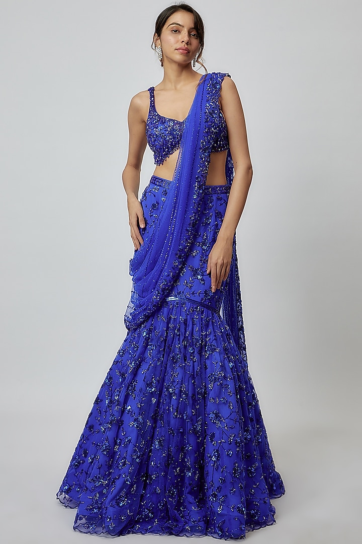 Electric Blue Net Embroidered Fish-Cut Lehenga Set Design by Isa by ...
