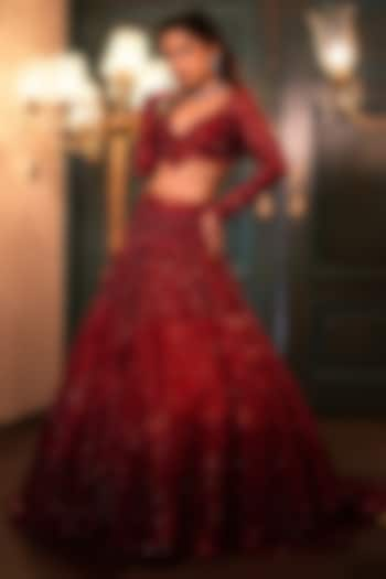 Deep Red Net Sequins & Crystal Embroidered Bridal Lehenga Set by Isa by Dolly Wahal at Pernia's Pop Up Shop