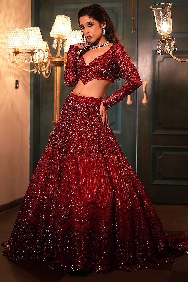 Deep Red Net Sequins & Crystal Embroidered Bridal Lehenga Set by Isa by Dolly Wahal at Pernia's Pop Up Shop