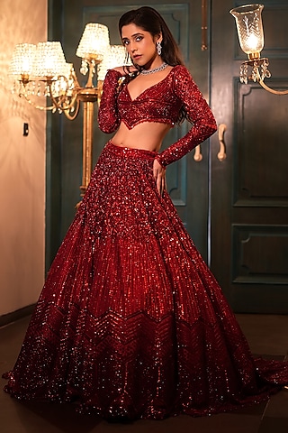 Deep Red Net Sequins & Crystal Embroidered Lehenga Set by Isa by Dolly Wahal