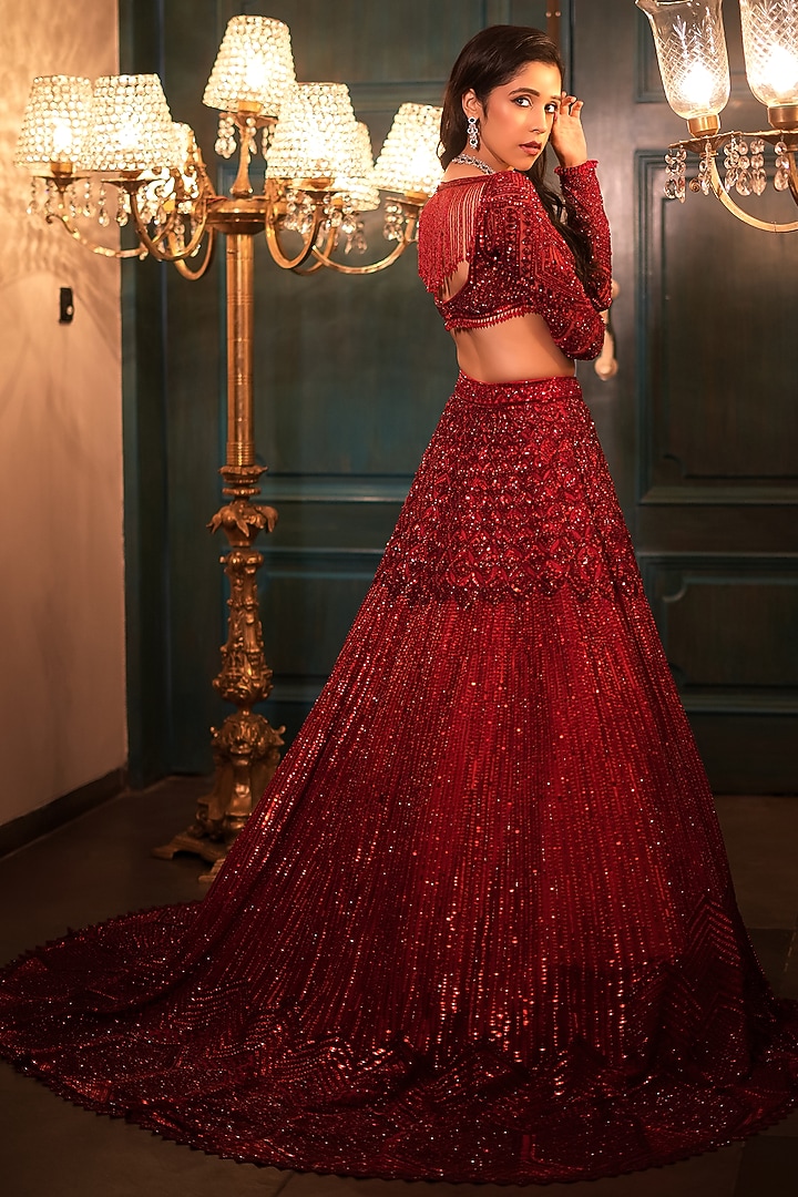 Deep Red Net Sequins & Crystal Embroidered Bridal Lehenga Set by Isa by Dolly Wahal at Pernia's Pop Up Shop