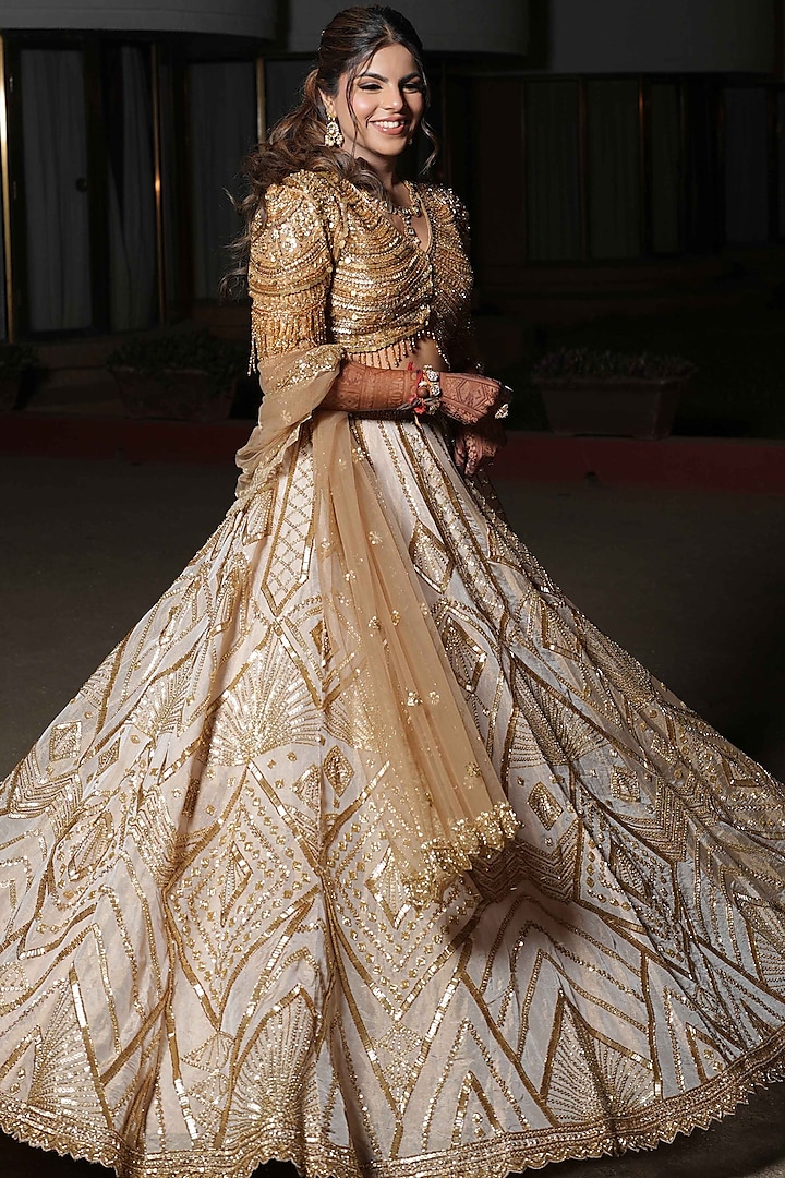 Cream & Gold Tissue Hand Embroidered Bridal Lehenga Set by Isa by Dolly Wahal at Pernia's Pop Up Shop