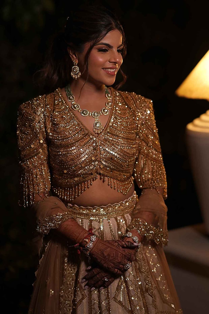 Cream & Gold Tissue Hand Embroidered Bridal Lehenga Set by Isa by Dolly Wahal at Pernia's Pop Up Shop