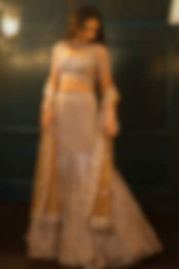 Light Gold Organza Net Embroidered Fish-Cut Bridal Lehenga Set by Isa by Dolly Wahal at Pernia's Pop Up Shop