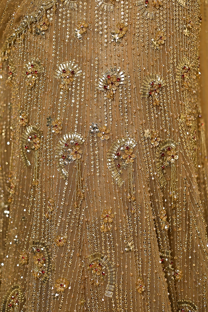 Gold Net Crystal Embroidered Pre-Draped Skirt Bridal Saree Set by Isa by Dolly Wahal at Pernia's Pop Up Shop
