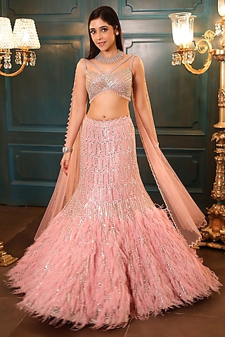Pink Net Cutdana & Crystal Embroidered Lehenga Set by Isa by Dolly Wahal