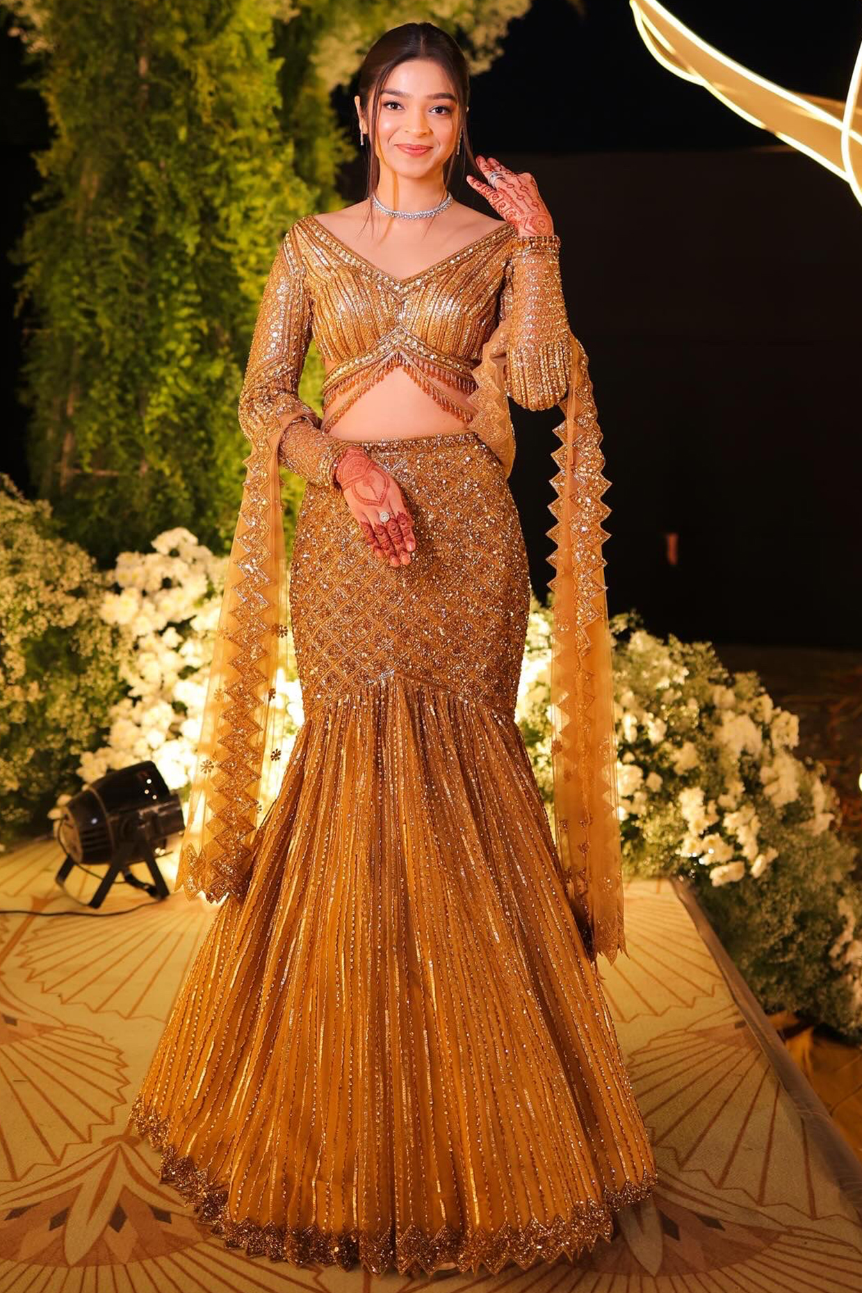 Antique Gold Net Cutdana & Crystal Embroidered Fishcut Bridal lehenga for 22 Lehenga Set by Isa by Dolly Wahal at Pernia's Pop Up Shop