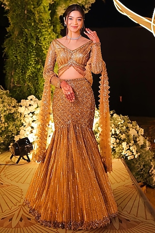 Antique Gold Net Cutdana & Crystal Embroidered Fishcut Lehenga Set by Isa by Dolly Wahal