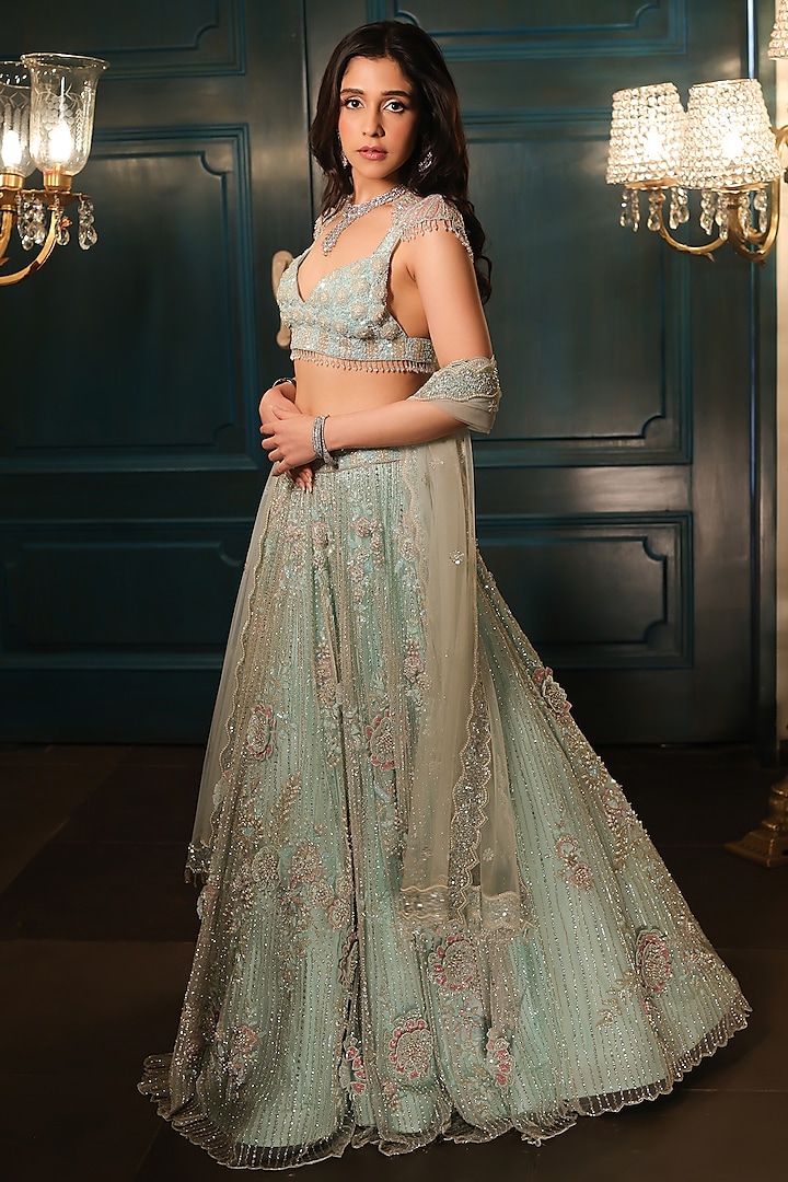 Sea Green Net Hand Embroidered Bridal Lehenga Set by Isa by Dolly Wahal at Pernia's Pop Up Shop