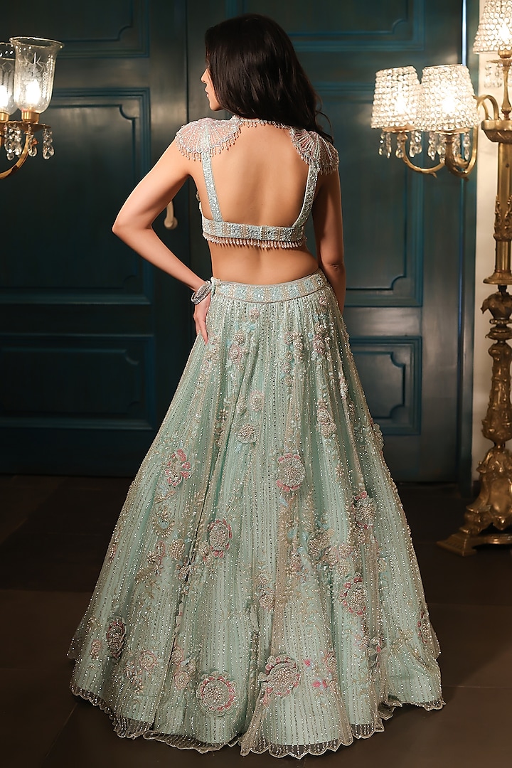 Sea Green Net Hand Embroidered Bridal Lehenga Set by Isa by Dolly Wahal at Pernia's Pop Up Shop