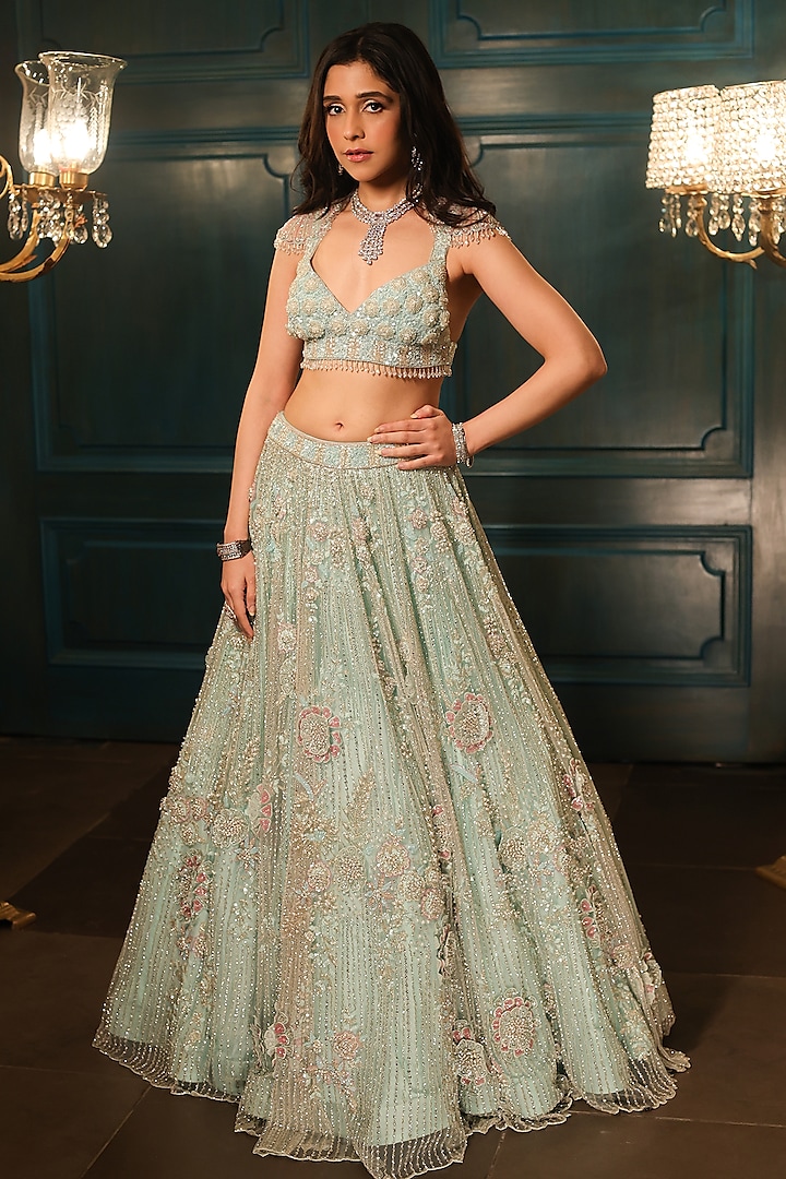 Sea Green Net Hand Embroidered Bridal Lehenga Set by Isa by Dolly Wahal at Pernia's Pop Up Shop