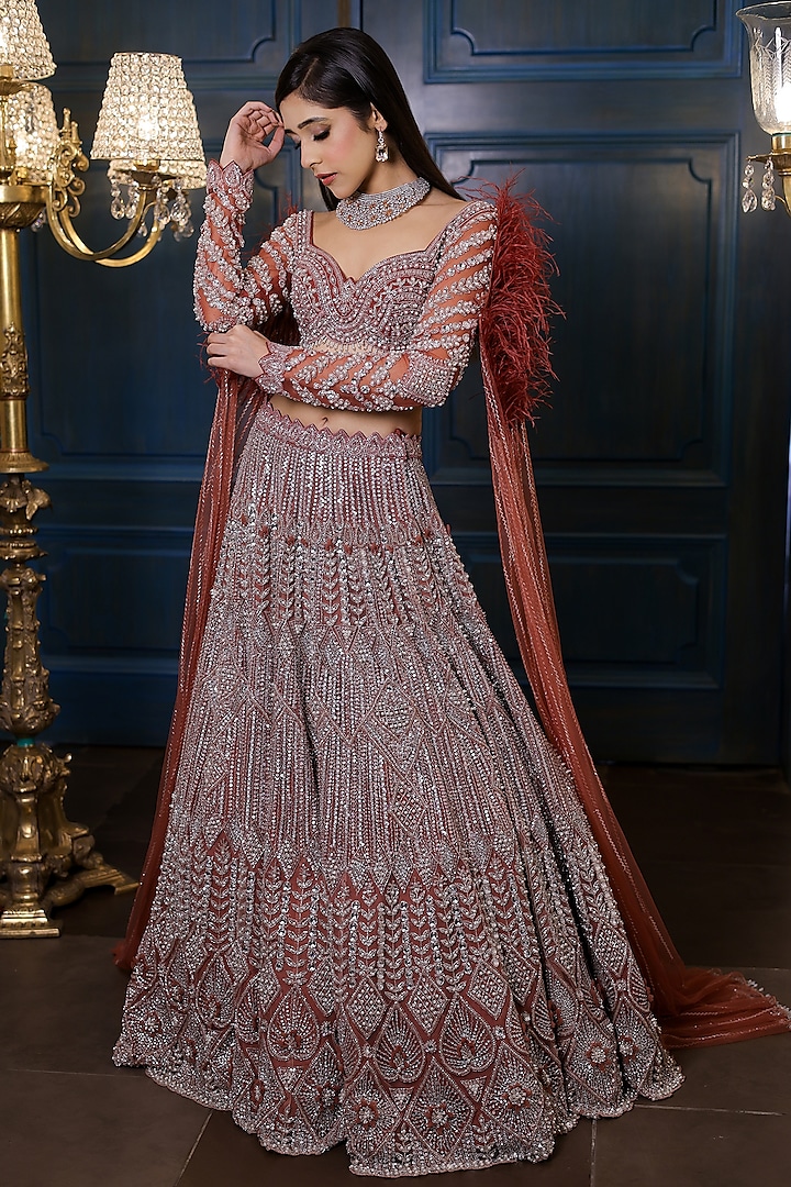 Peachy Brown Net Cutdana Embroidered Bridal Lehenga Set by Isa by Dolly Wahal at Pernia's Pop Up Shop