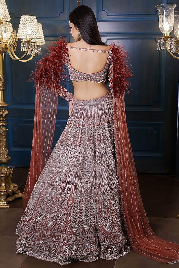 Peachy Brown Net Cutdana Embroidered Bridal Lehenga Set by Isa by Dolly Wahal at Pernia's Pop Up Shop
