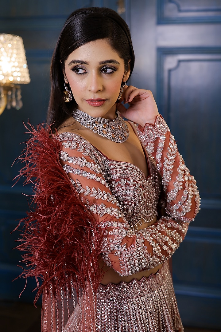 Peachy Brown Net Cutdana Embroidered Bridal Lehenga Set by Isa by Dolly Wahal at Pernia's Pop Up Shop