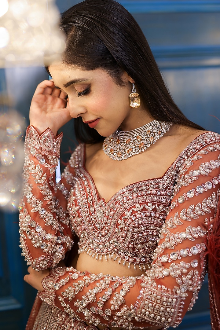 Peachy Brown Net Cutdana Embroidered Bridal Lehenga Set by Isa by Dolly Wahal at Pernia's Pop Up Shop