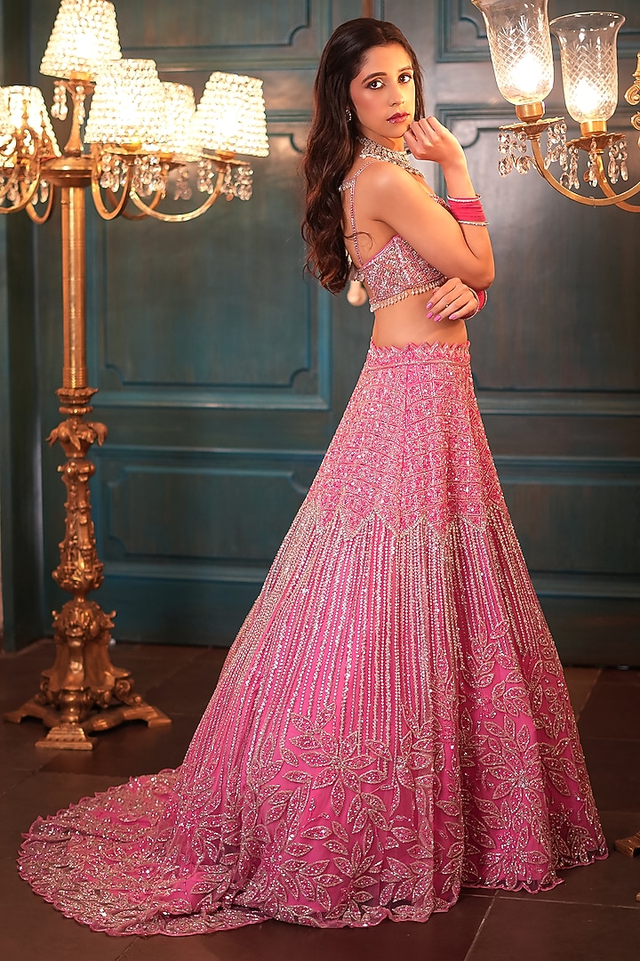 Pink Net Floral Embroidered Bridal Lehenga Set by Isa by Dolly Wahal at Pernia's Pop Up Shop