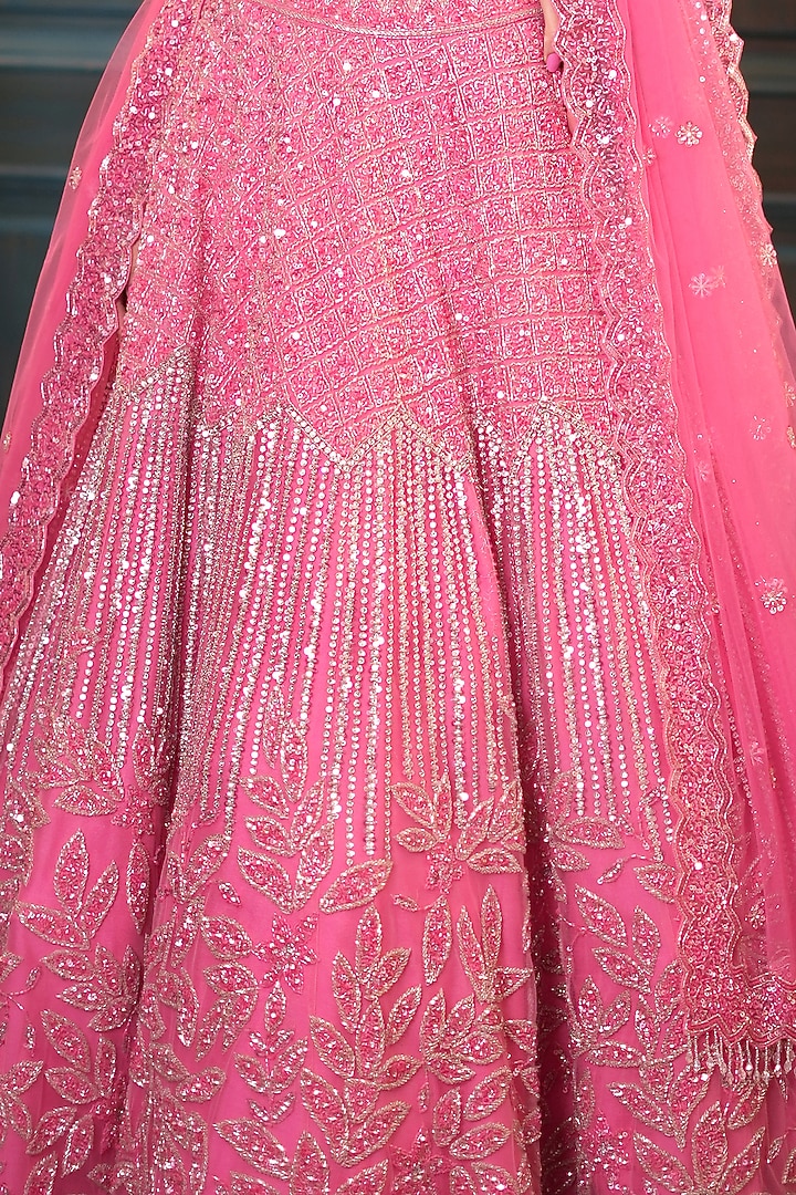 Pink Net Floral Embroidered Bridal Lehenga Set by Isa by Dolly Wahal at Pernia's Pop Up Shop