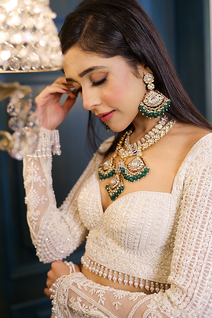 Bridal Lehenga Earrings In Lehenga Ivory Net Sequins Embroidered