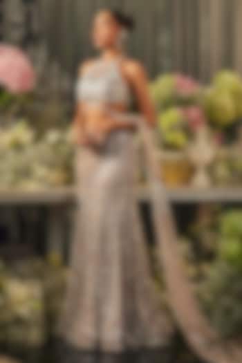 Nude Grey Net Sequins & Cutdana Embroidered Pre-Draped Skirt Bridal Saree Set by Isa by Dolly Wahal at Pernia's Pop Up Shop