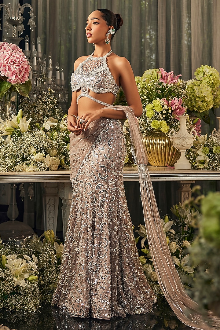 Nude Grey Net Sequins & Cutdana Embroidered Pre-Draped Skirt Bridal Saree Set by Isa by Dolly Wahal at Pernia's Pop Up Shop