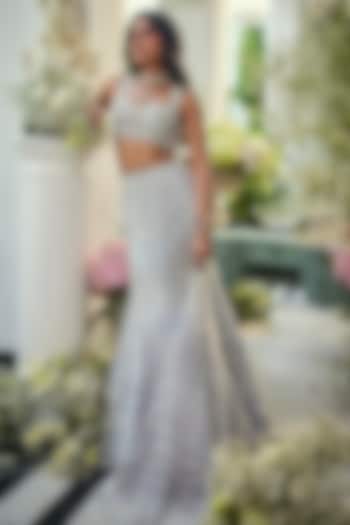 Ice Blue Organza Embroidered Fish Cut Bridal Lehenga Set by Isa by Dolly Wahal at Pernia's Pop Up Shop