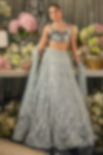 Blue Net Mirror & Sequins Embroidered Bridal Lehenga Set by Isa by Dolly Wahal at Pernia's Pop Up Shop