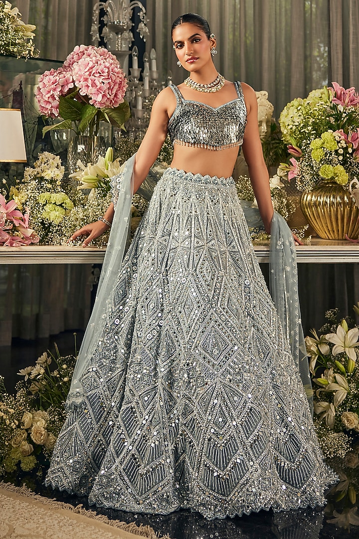 Blue Net Mirror & Sequins Embroidered Bridal Lehenga Set by Isa by Dolly Wahal at Pernia's Pop Up Shop