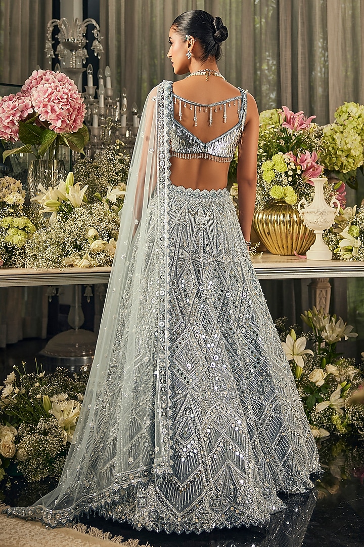 Blue Net Mirror & Sequins Embroidered Bridal Lehenga Set by Isa by Dolly Wahal at Pernia's Pop Up Shop