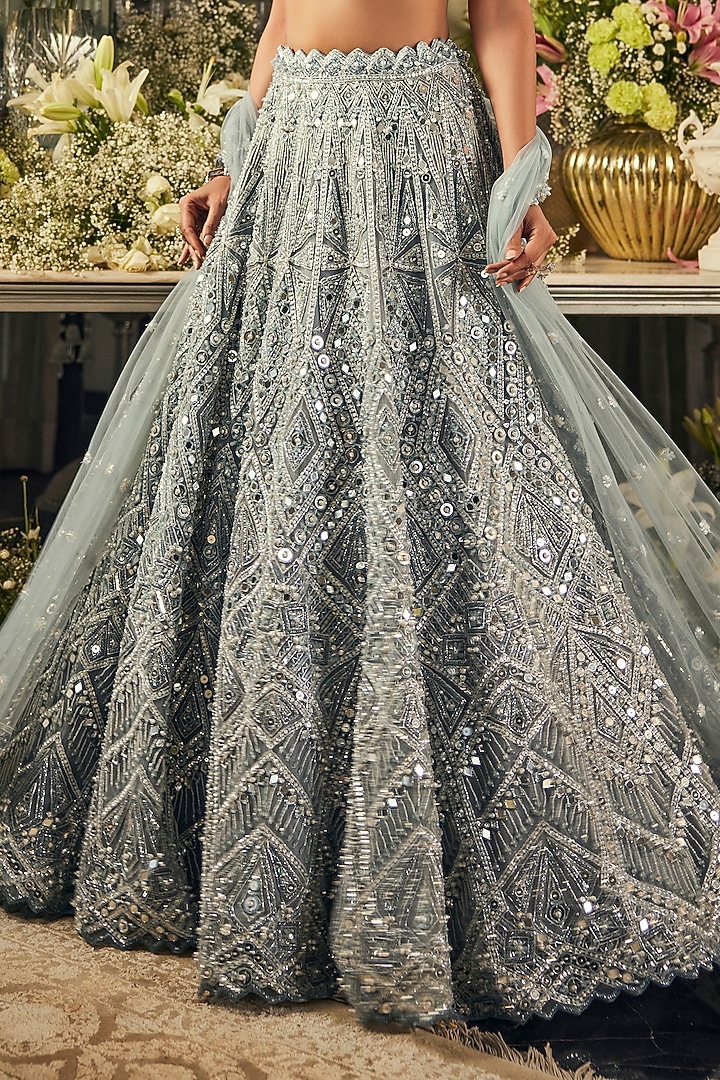 Blue Net Mirror & Sequins Embroidered Bridal Lehenga Set by Isa by Dolly Wahal at Pernia's Pop Up Shop
