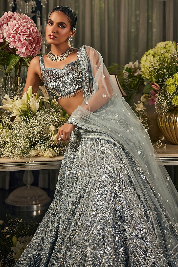Blue Net Mirror & Sequins Embroidered Bridal Lehenga Set by Isa by Dolly Wahal at Pernia's Pop Up Shop
