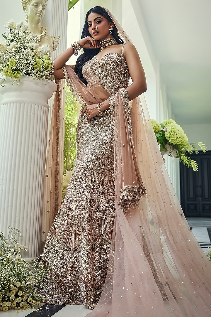 Walnut Gold Net Sequins & Crystal Embroidered Bridal Lehenga Set by Isa by Dolly Wahal at Pernia's Pop Up Shop
