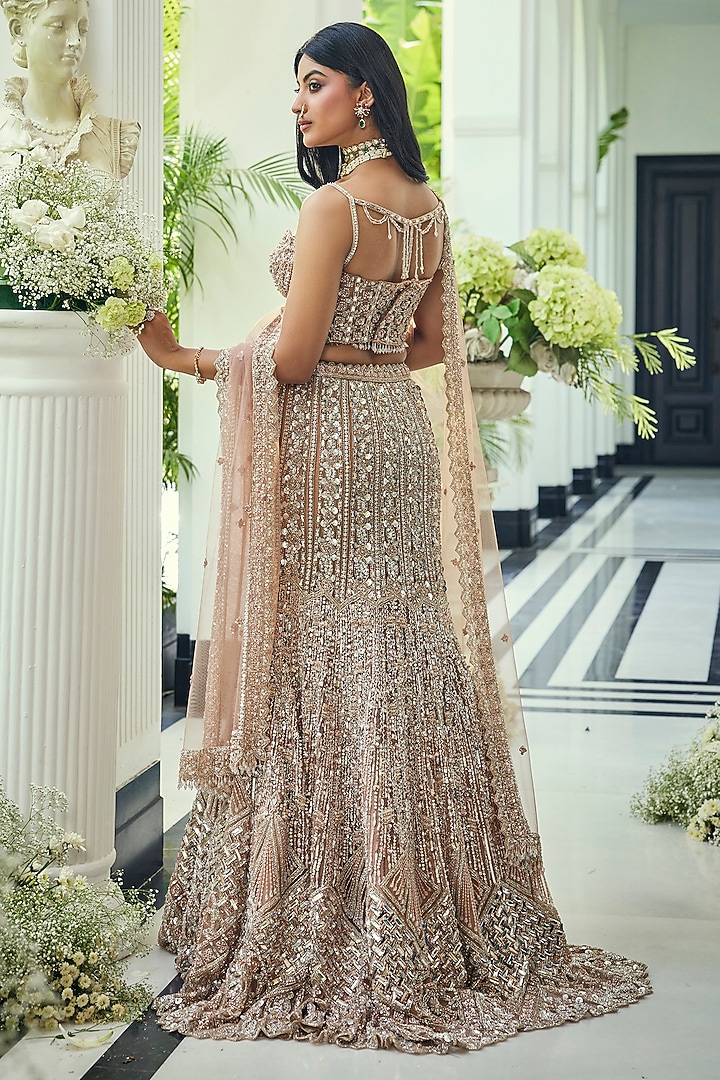 Walnut Gold Net Sequins & Crystal Embroidered Bridal Lehenga Set by Isa by Dolly Wahal at Pernia's Pop Up Shop