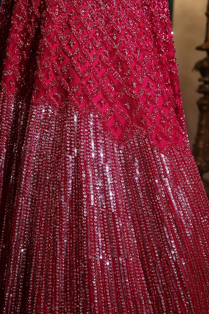 Hot Pink Net Sequins Embroidered Bridal Lehenga Set by Isa by Dolly Wahal at Pernia's Pop Up Shop