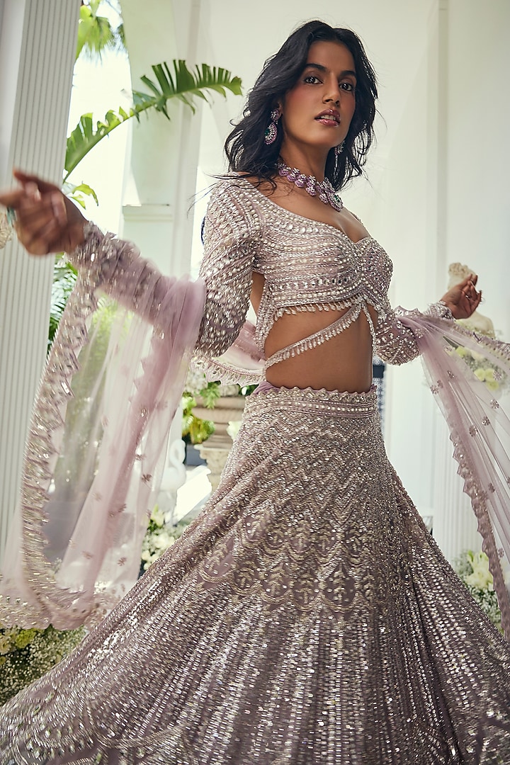 Lilac Net Sequins & Cutdana Embroidered Bridal Lehenga Set by Isa by Dolly Wahal at Pernia's Pop Up Shop