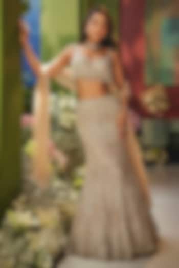 Rose Gold & Silver Net Sequins & Cutdana Embroidery Fish Cut Bridal Lehenga Set by Isa by Dolly Wahal at Pernia's Pop Up Shop